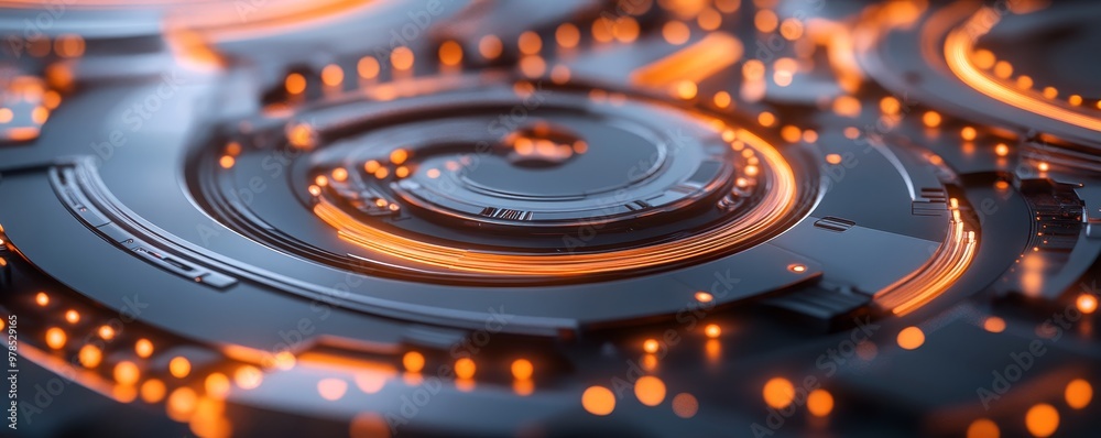 A close-up view of a futuristic circular design with glowing orange lights, showcasing advanced technology and digital art. A close-up view of a futuristic circular design with glowing orange lights, showcasing advanced technology and digital art.