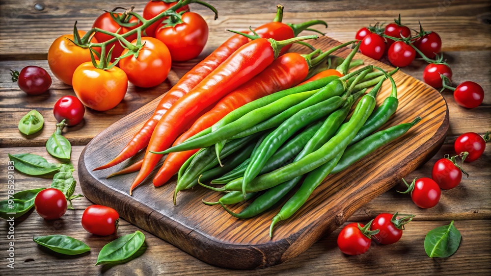 a vibrant arrangement of fresh green beans, crisp carrots, red bell peppers, and plump cherry tomatoes on a rustic wooden cutting board a vibrant arrangement of fresh green beans, crisp carrots, red bell peppers, and plump cherry tomatoes on a rustic wooden cutting board
