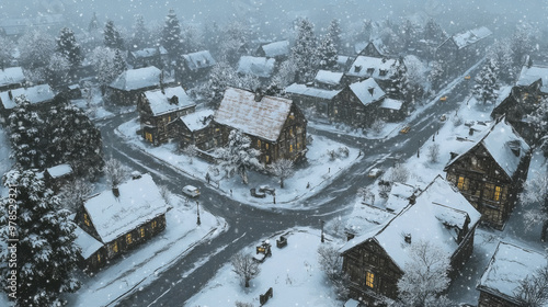 aerial view of european town in the winter snow, vintage, cartoon style wallapper photo