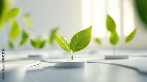 A close-up view of young green leaves showcasing growth in a bright, modern indoor environment. photo