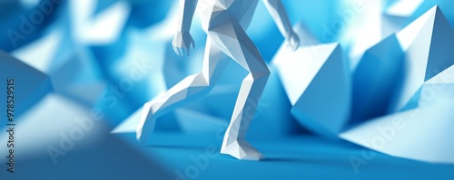 A dynamic low-poly figure running through a stylized blue landscape, embodying movement and creativity in a modern abstract design. photo