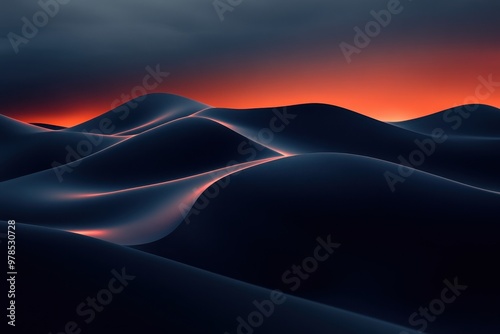 A serene landscape of rolling dunes illuminated by a warm, glowing horizon.