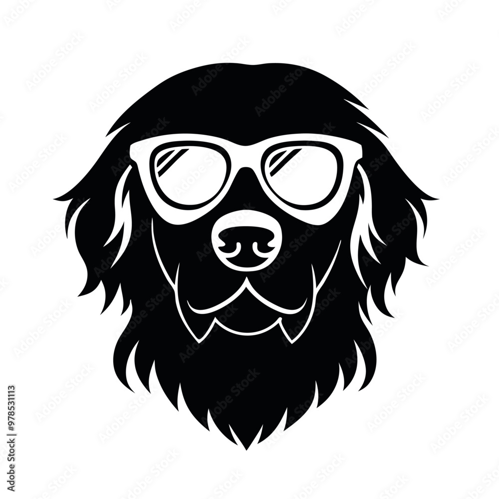 a black and white illustration of a Golden retriever dog's head. The dog appears to be a Newfoundland or a similar breed, with a long, shaggy coat and a round face a black and white illustration of a Golden retriever dog's head. The dog appears to be a Newfoundland or a similar breed, with a long, shaggy coat and a round face