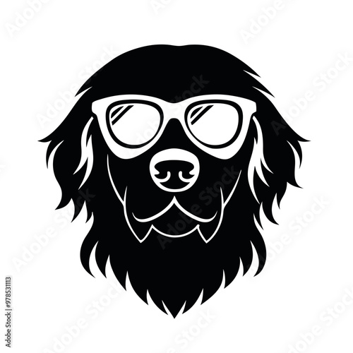 a black and white illustration of a Golden retriever dog's head. The dog appears to be a Newfoundland or a similar breed, with a long, shaggy coat and a round face