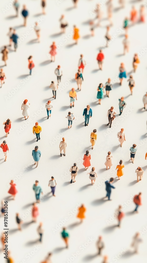 High angle shot capturing a diverse, miniature crowd moving on a light background, representing urban life and social dynamics. High angle shot capturing a diverse, miniature crowd moving on a light background, representing urban life and social dynamics.