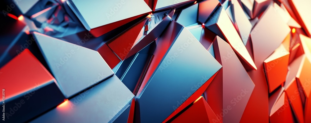 A vibrant abstract composition of metallic shapes in blue and red, showcasing sharp angles and dynamic light reflections. A vibrant abstract composition of metallic shapes in blue and red, showcasing sharp angles and dynamic light reflections.