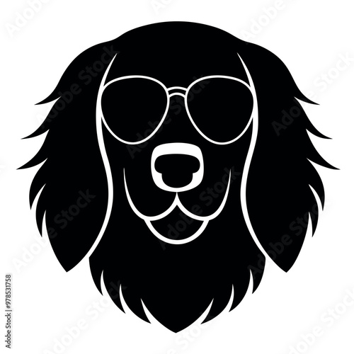 a black and white illustration of a Golden retriever dog's head. The dog appears to be a Newfoundland or a similar breed, with a long, shaggy coat and a round face