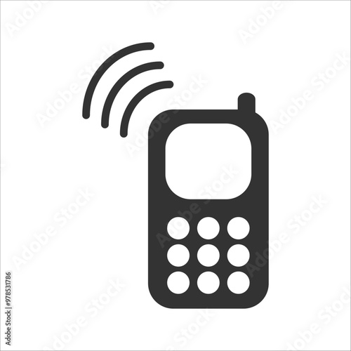 Simple black icon of a vintage mobile phone with signal waves, representing communication and technology concepts.