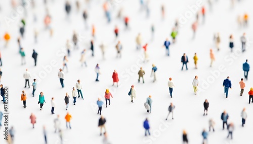 Focused image of miniature figures walking on a white background, representing crowd dynamics and social behavior. photo