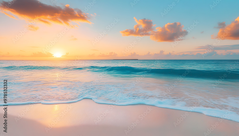 Fototapeta premium Crystal-clear turquoise waters with gentle waves lapping at a pristine beach under a golden sunset
