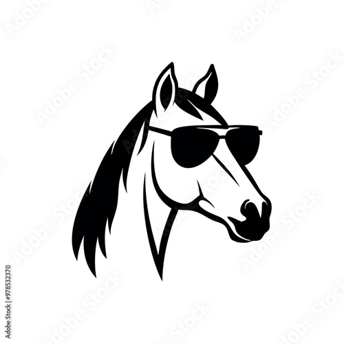 a black and white illustration of a horse's head. The horse is facing towards the right side of the image, with its head turned slightly to the left. It has a pair of sunglasses on its head