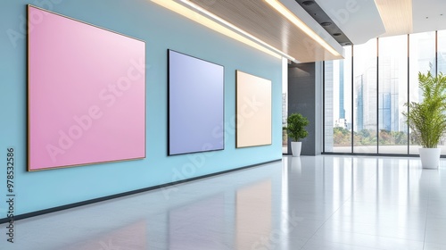 Elegant Pastel Toned Modern Art Gallery Setup for High Level Business Discussion