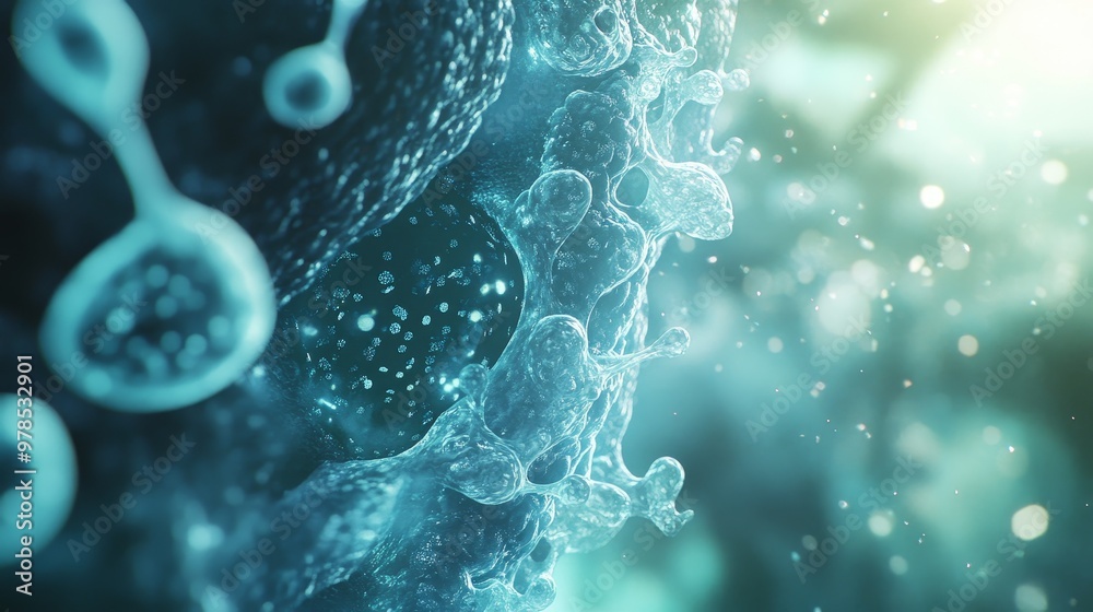 Close-up of a microscopic organism with glowing details, highlighting its structure and beauty in an abstract digital environment. Close-up of a microscopic organism with glowing details, highlighting its structure and beauty in an abstract digital environment.