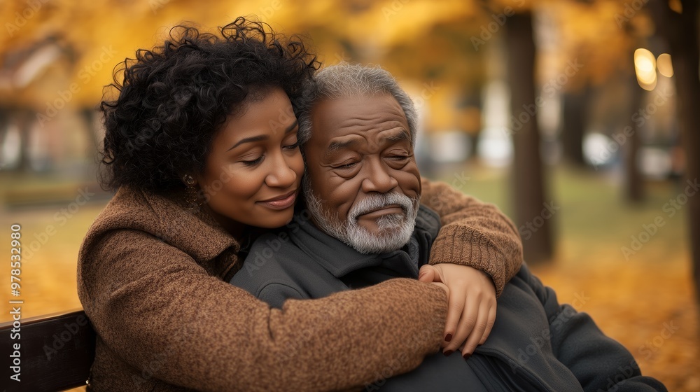 Fototapeta premium An elderly man and a young woman share a warm embrace on a park bench during an autumn day.