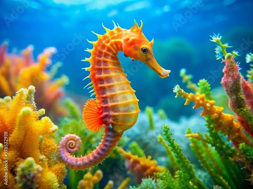 Vibrant orange and yellow seahorse glides effortlessly through serene blue water, surrounded by lush green seaweed and soft pink coral, with delicate ripples on the surface.