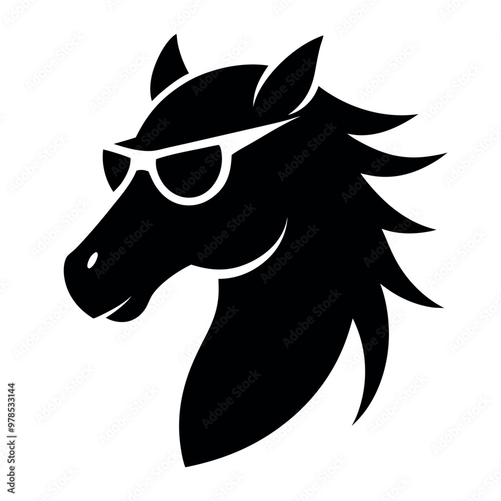 a black and white illustration of a horse's head. The horse is facing towards the right side of the image, with its head turned slightly to the left. It has a pair of sunglasses on its head a black and white illustration of a horse's head. The horse is facing towards the right side of the image, with its head turned slightly to the left. It has a pair of sunglasses on its head