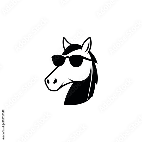 a black and white illustration of a horse's head. The horse is facing towards the right side of the image, with its head turned slightly to the left. It has a pair of sunglasses on its head