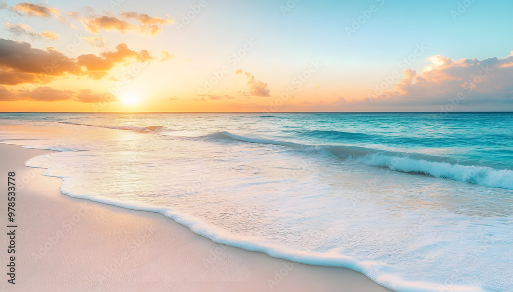 Fototapeta premium Crystal-clear turquoise waters with gentle waves lapping at a pristine beach under a golden sunset