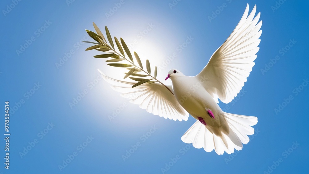 A white dove carrying an olive branch, flying in a bright sky. A white dove carrying an olive branch, flying in a bright sky.