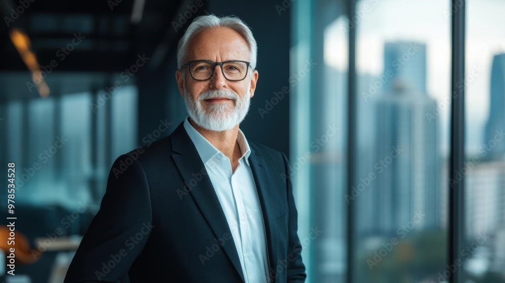 Confident senior businessman in formal attire with gray beard and glasses, standing in modern office with cityscape view.