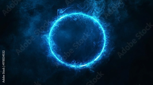 Neon blue color geometric circle on a dark background. Round mystical portal. Mockup for your logo. Futuristic smoke. Mockup for your logo. generative ai