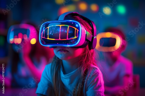 A young child in a classroom setting, wearing VR goggles and interacting with virtual Unicorn Fantasy fairytale world. Educational use of virtual reality technology. photo