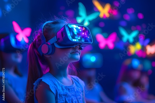 A young child in a classroom setting, wearing VR goggles and interacting with virtual Unicorn Fantasy fairytale world. Educational use of virtual reality technology. photo