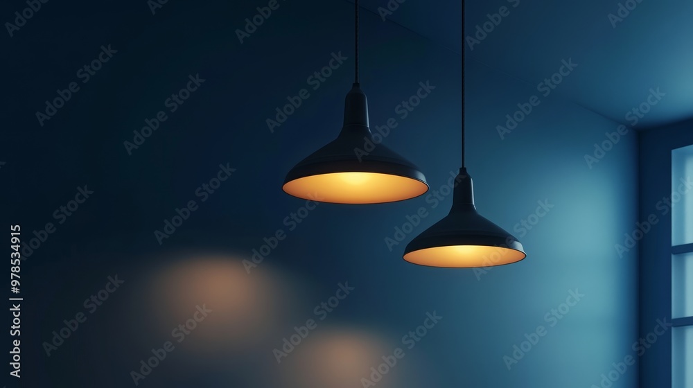 Elegant pendant lamps illuminating a stylish interior with a serene blue wall, creating a cozy and modern atmosphere. Elegant pendant lamps illuminating a stylish interior with a serene blue wall, creating a cozy and modern atmosphere.