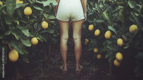 A person in shorts standing between lush lemon trees loaded with ripe yellow lemons in a vibrant orchard. photo