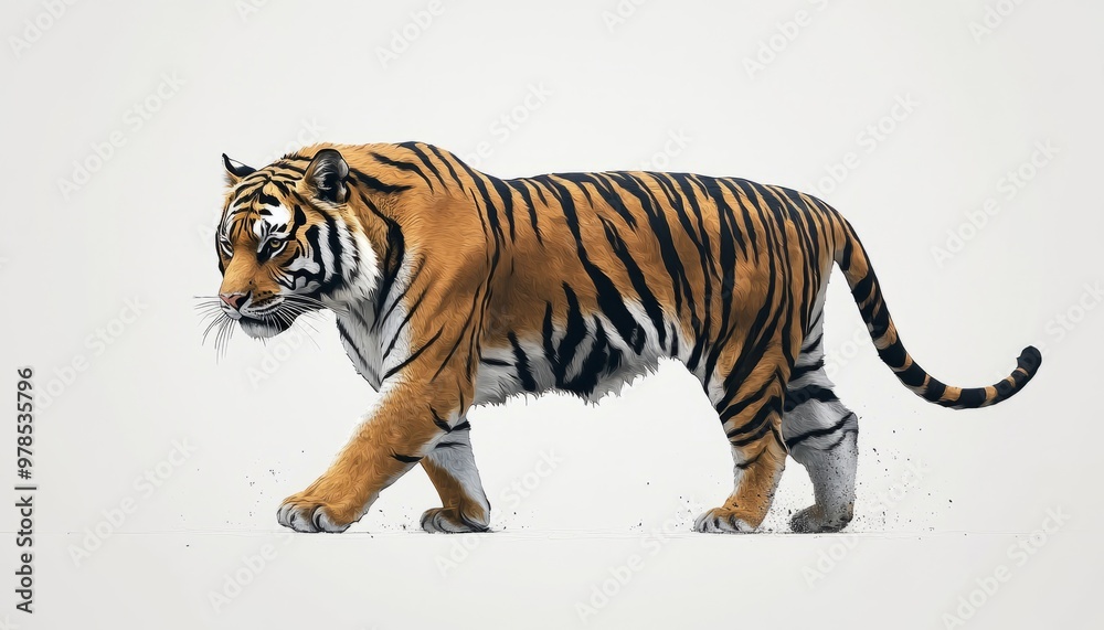 Naklejka premium Majestic Tiger Strolling on A Snowy White Background in Winter Scene