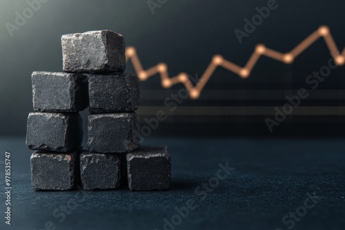 Elegantly Displayed Charcoal Briquettes Against a Sophisticated Business Graph: A Visually Striking Contrast of Product and Data photo