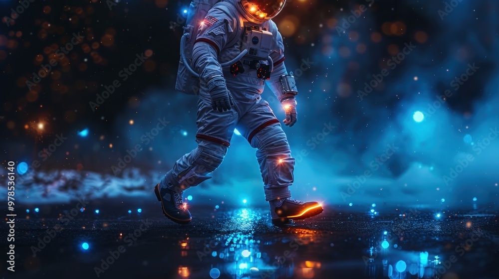 Fototapeta premium Astronaut in a futuristic space environment with glowing lights and smoke.