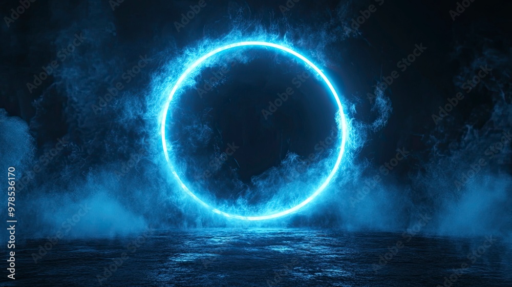 Neon blue color geometric circle on a dark background. Round mystical portal. Mockup for your logo. Futuristic smoke. Mockup for your logo. generative ai Neon blue color geometric circle on a dark background. Round mystical portal. Mockup for your logo. Futuristic smoke. Mockup for your logo. generative ai