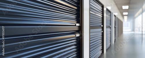 Modern storage facility interior with metal roll-up doors and clean, well-lit hallway for easy access and organization.