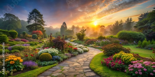 A serene botanical garden at sunset, with lush greenery, vibrant flowers, and a meandering stone path that winds through a gentle, misty atmosphere.