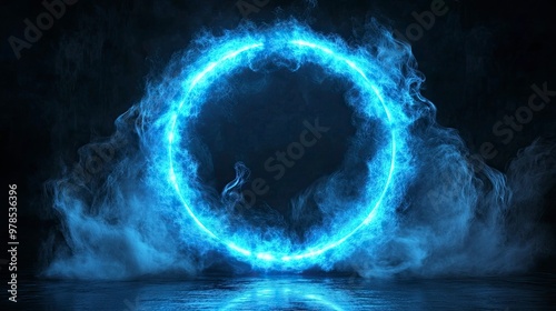 Neon blue color geometric circle on a dark background. Round mystical portal. Mockup for your logo. Futuristic smoke. Mockup for your logo. generative ai