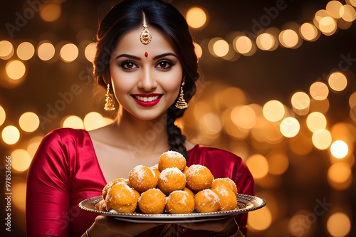 woman holding a motichoor ladoo plate 	 photo