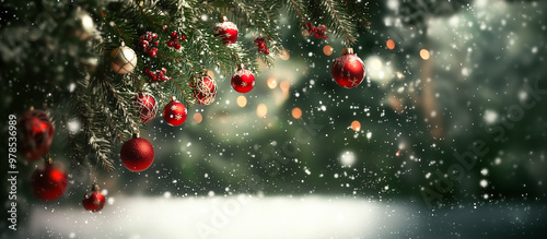 Snowy Christmas tree and beautiful decoration with red ornaments