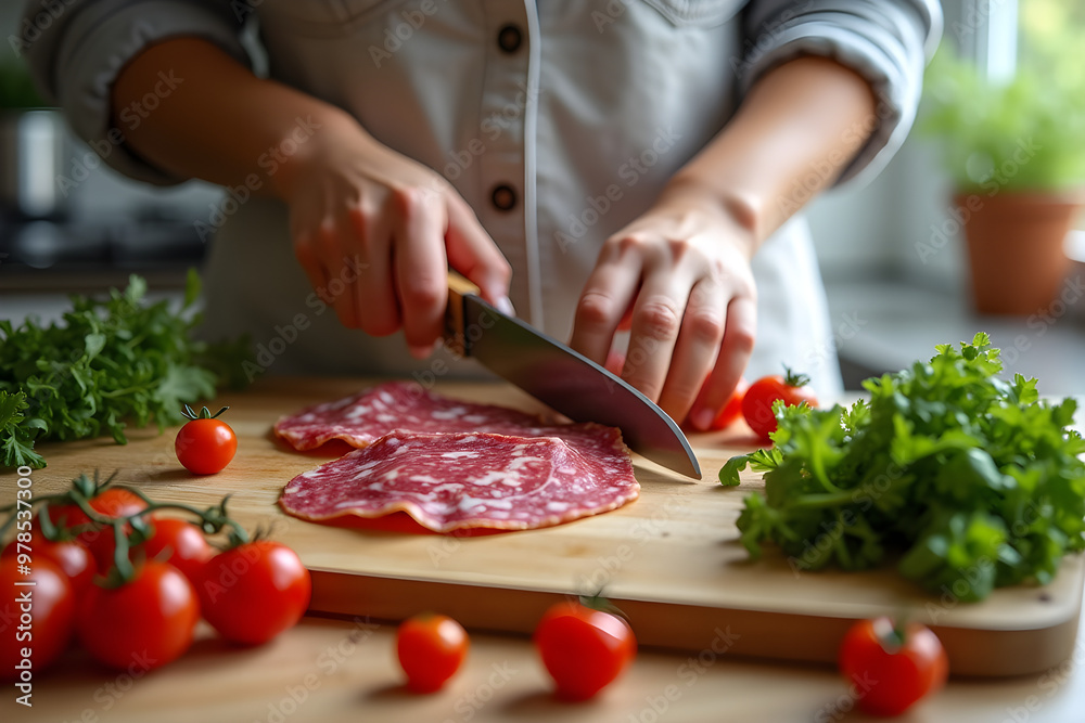 a woman cuts salami on the kitchen table a woman cuts salami on the kitchen table