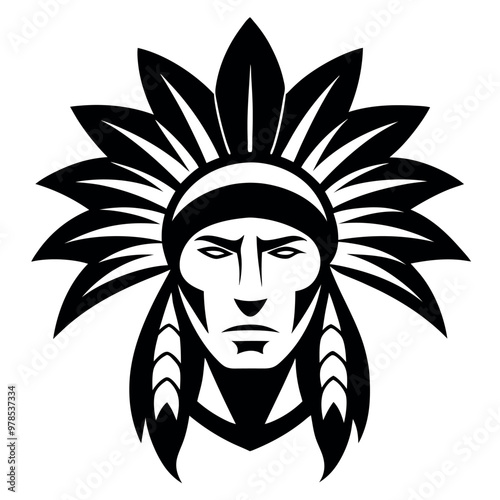 a black and white illustration of a Native American Indian headdress. The headdress is made up of large, feather-like feathers that are arranged in a traditional headdress