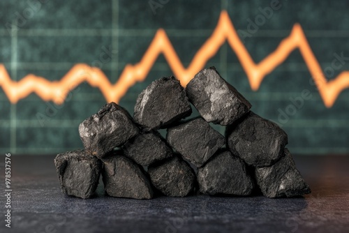 Elegant Display of Compacted Charcoal Briquettes on a Polished Table with a Professional Business Graph Backdrop photo