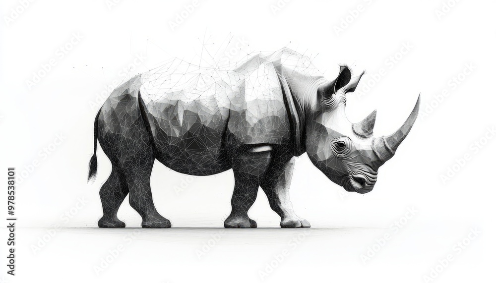 Fototapeta premium Geometric Rhino Art: Monochromatic Low-poly Wildlife Composition