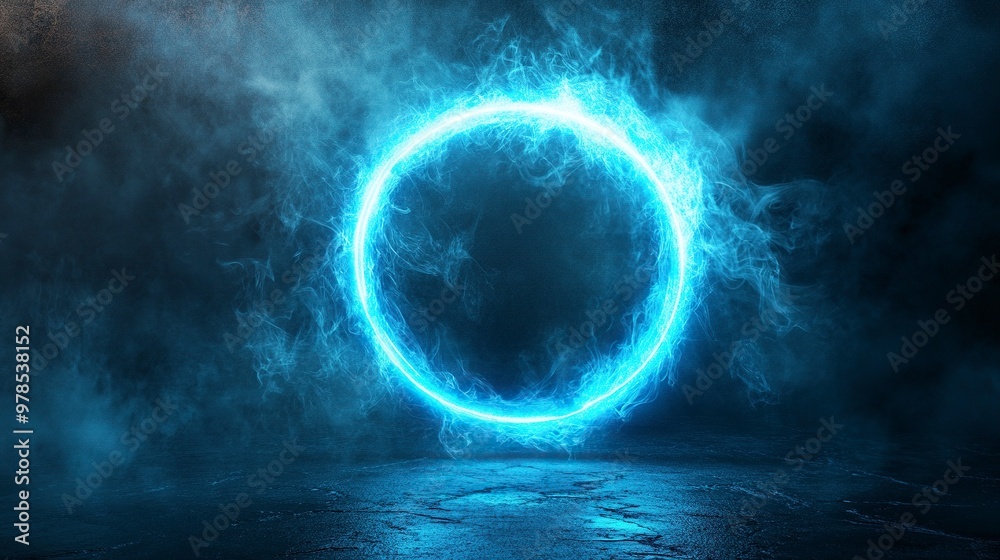 Neon blue color geometric circle on a dark background. Round mystical portal. Mockup for your logo. Futuristic smoke. Mockup for your logo. generative ai Neon blue color geometric circle on a dark background. Round mystical portal. Mockup for your logo. Futuristic smoke. Mockup for your logo. generative ai