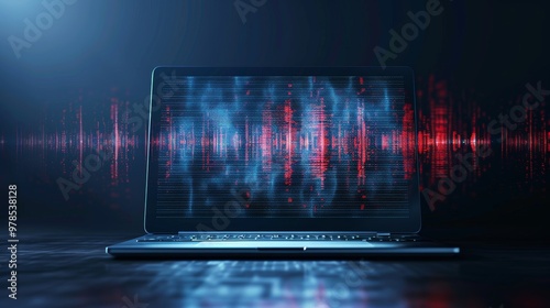 Laptop displaying audio waveform for podcast transcription with text and sound representation