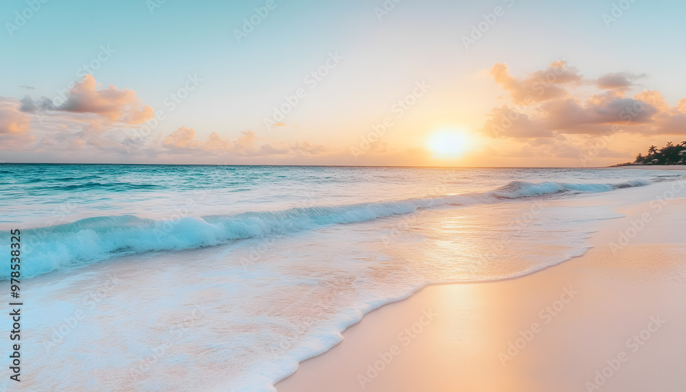 Fototapeta premium Crystal-clear turquoise waters with gentle waves lapping at a pristine beach under a golden sunset