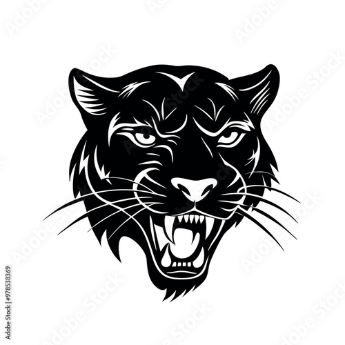 a black and white illustration of a panther's head. The panther is facing towards the right side of the image, with its mouth open wide and its teeth bared