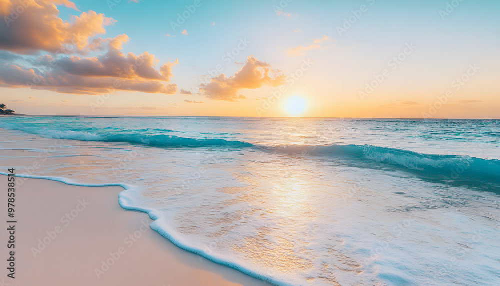 Fototapeta premium Crystal-clear turquoise waters with gentle waves lapping at a pristine beach under a golden sunset