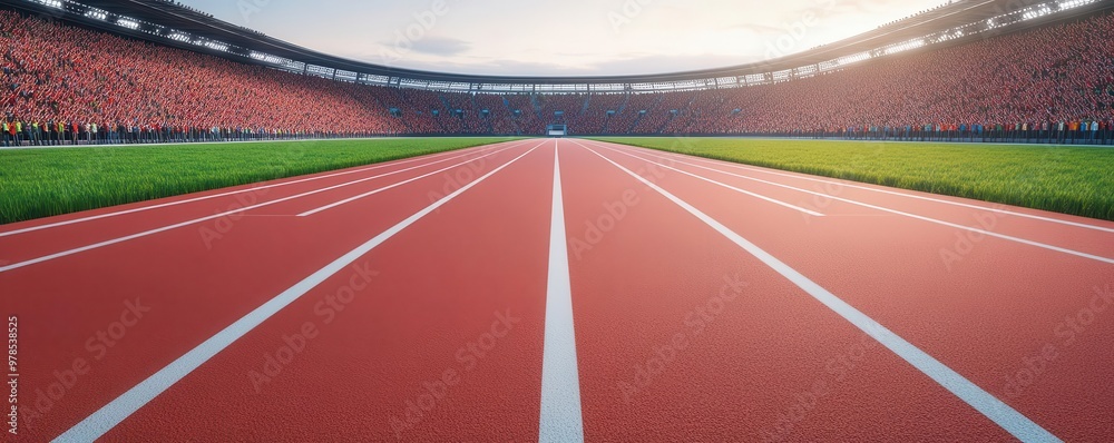 A landscape view of an Olympic stadium with running tracks and stands full of cheering crowds, Olympic stadium, running tracks, cheering A landscape view of an Olympic stadium with running tracks and stands full of cheering crowds, Olympic stadium, running tracks, cheering