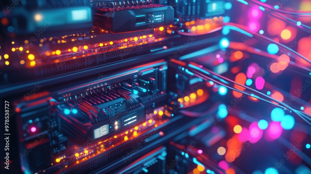 A close-up of illuminated server racks showcasing technology and data storage. A close-up of illuminated server racks showcasing technology and data storage.
