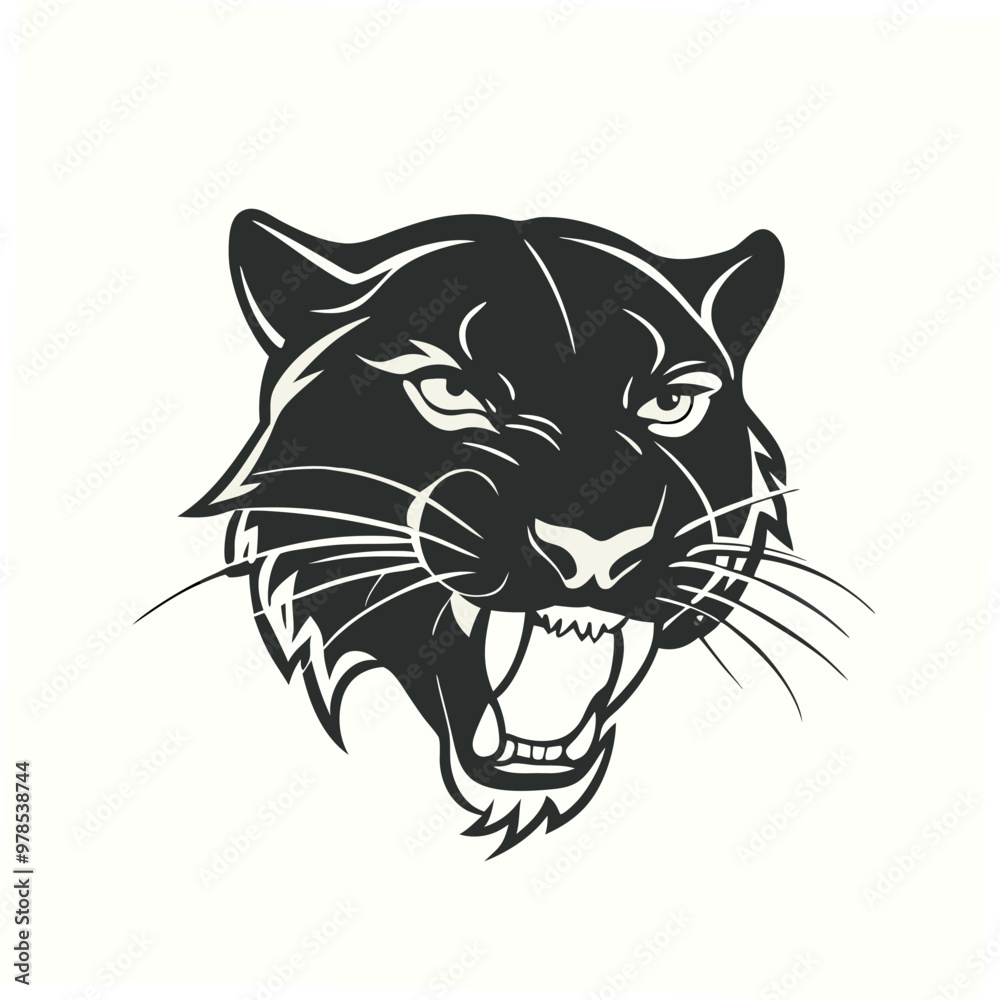 a black and white illustration of a panther's head. The panther is facing towards the right side of the image, with its mouth open wide and its teeth bared a black and white illustration of a panther's head. The panther is facing towards the right side of the image, with its mouth open wide and its teeth bared